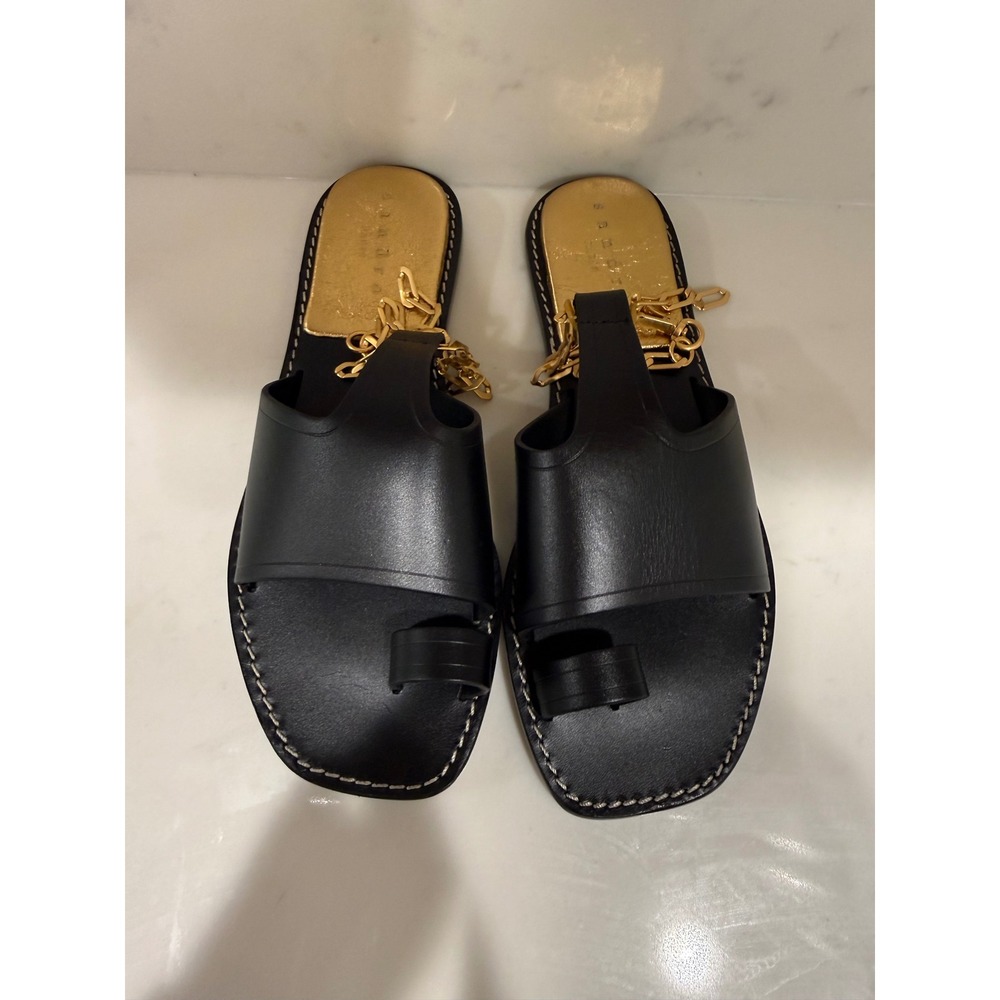 Sandro Paris Black Leather Chain Ankle Strap Toe Ring Sandals Made in Italy 36